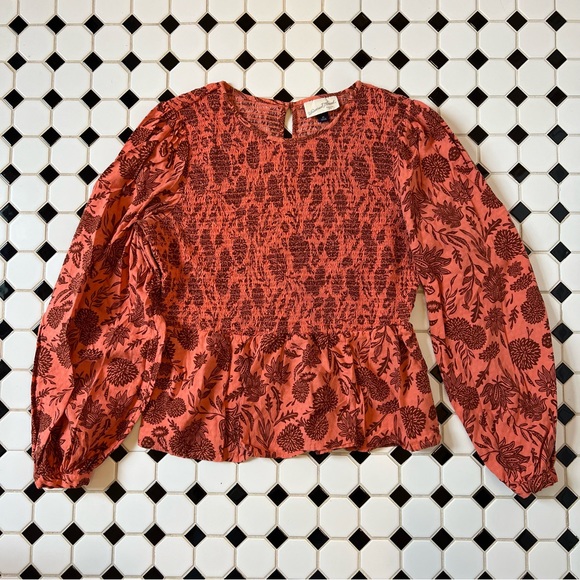 Universal Thread Orange L/S Pullover Blouse with Smocking & Floral Pattern - Picture 2 of 5